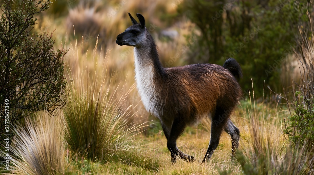 Fototapeta premium A llama stands alert in a grassy field with tall golden grasses and shrubs under soft natural light