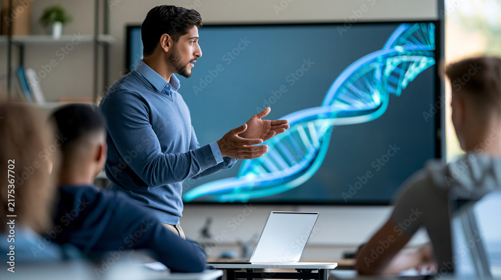 Fototapeta premium Faceless teacher presenting 3D DNA model on screen to students in classroom, science education concept, defocused genetic biology instruction, academic presentation, with copy