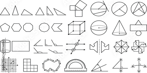 Geometric Shapes Collection: A comprehensive compilation of essential geometric shapes and concepts, including polygons, 3D solids, angles, and graphing grids.