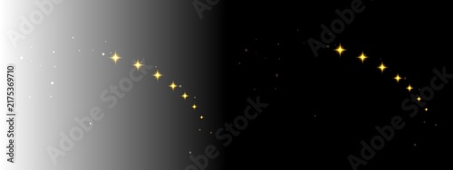 Golden sparkling stars trail with magic glitter dust, glowing particles in an arch shape on a split background