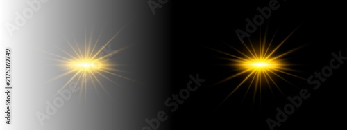 Golden glowing light effect with rays and sparkles, bright sun flare, lens flare effect, shining star, vector illustration isolated on black background