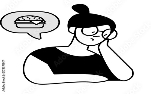 Fotografie Woman Thinking About Food, Black and White Line Art