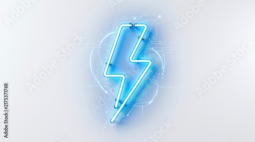 Blue neon lightning bolt icon with digital circuit patterns on white background representing energy, electricity, and power technology