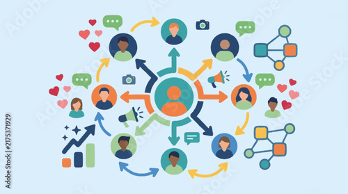 Social Media Network Connection Icon With User Profiles And Communication Symbols.