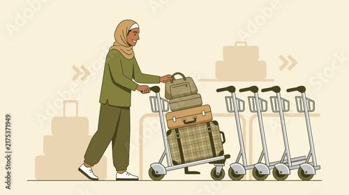 Woman with Hijab pushing luggage cart at airport, travel concept