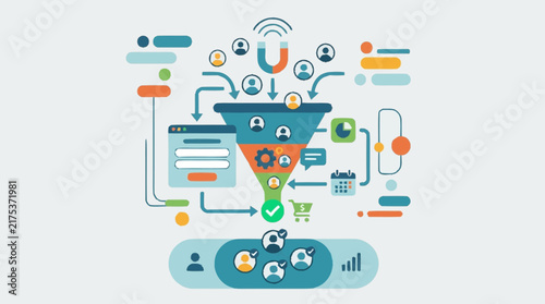 Digital marketing sales funnel infographic with user journey icons.