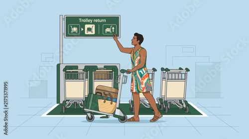 Woman with luggage at airport trolley return station, clear background