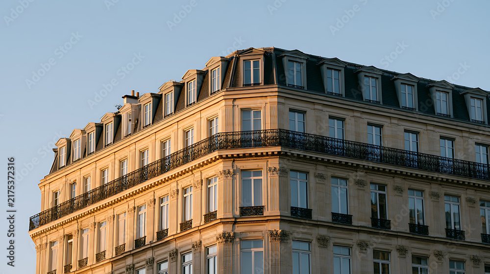 Fototapeta premium A classic European apartment building exterior facade with traditional stone architecture and elegant balconies illuminated by soft sunset light