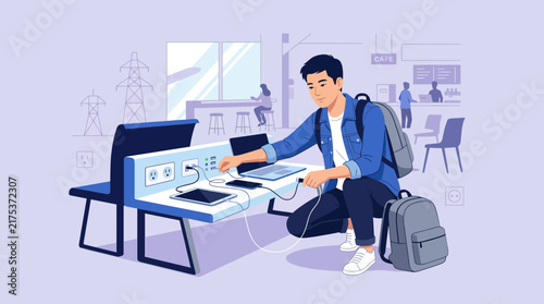 Young Man Charging Devices in Airport Lounge - Travel Tech