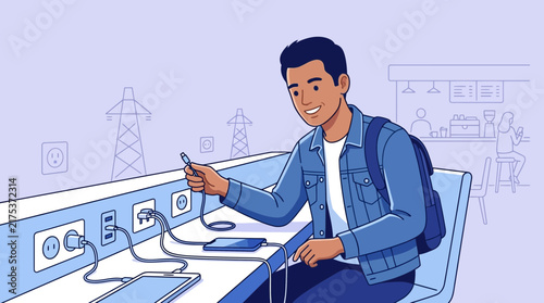Young man charging devices in a modern urban lounge with power outlets