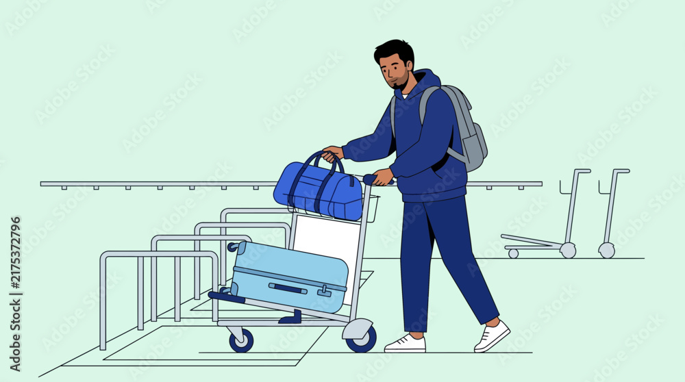 Fototapeta premium Man with Luggage Cart at Airport