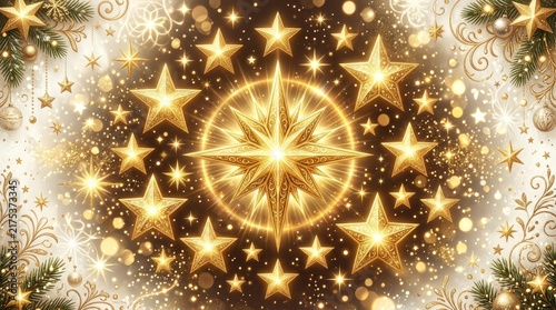 Luxurious Golden Christmas Background with Radiant Glowing Stars, Sparkling Bokeh Lights, Ornaments, and Festive Pine Branches for Holiday Greeting Card