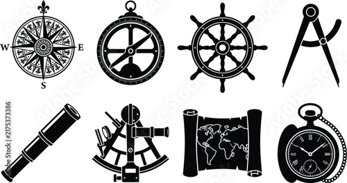 Foto Vintage maritime navigation silhouette icon set with compass, ship wheel, sextan