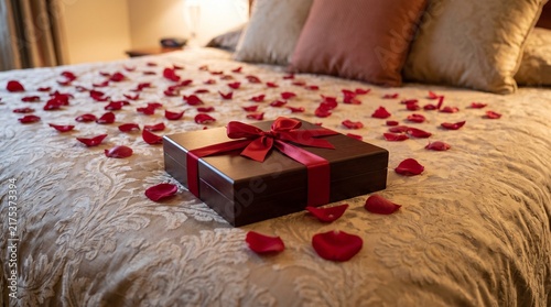 Gift box tied with ribbon surrounded by rose petals on bed  