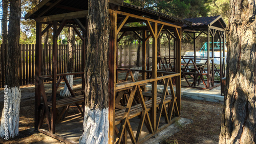 фотографія A wooden gazebo surrounded by greenery and walking paths in a park