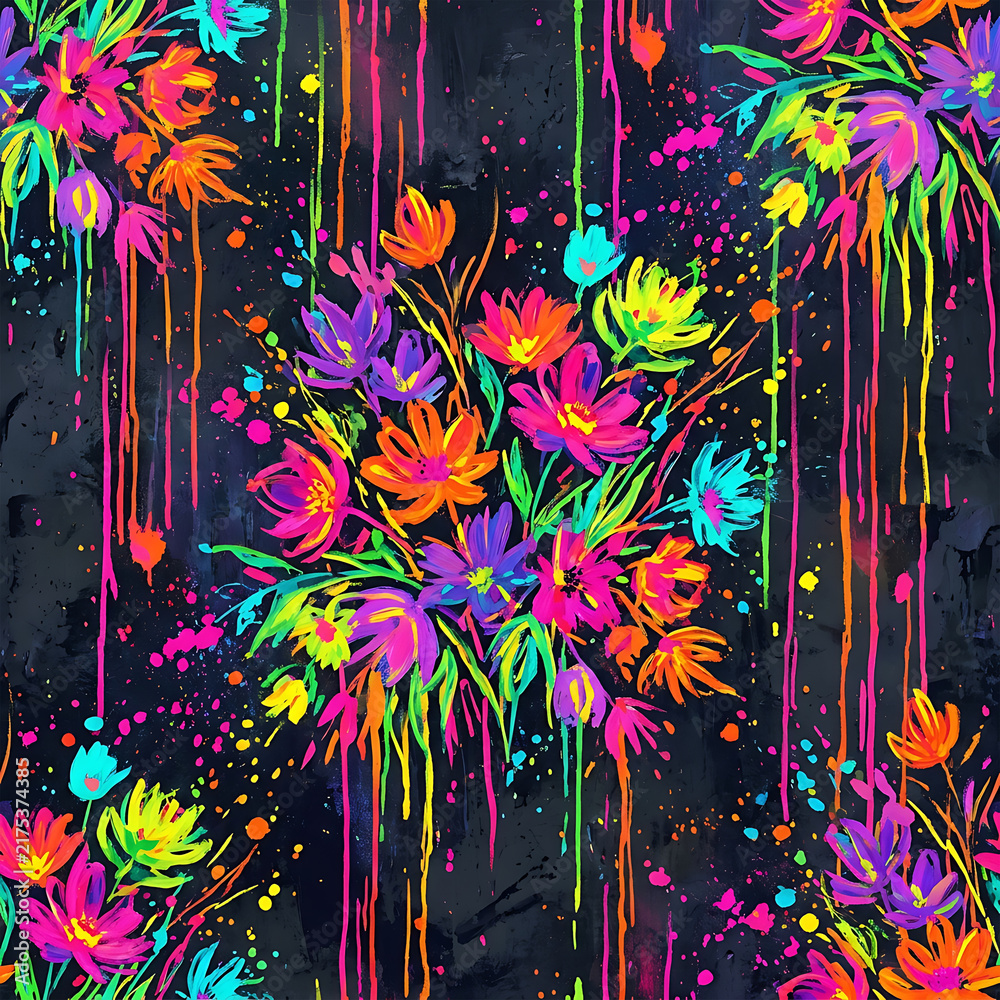 Neon paint drips and vibrant abstract floral bouquet seamless pattern vector illustration