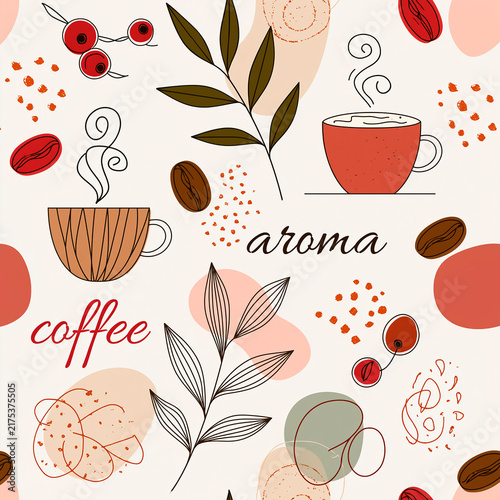 Seamless pattern with coffee beans and a cup