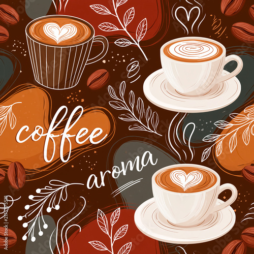 Seamless pattern with coffee beans and a cup