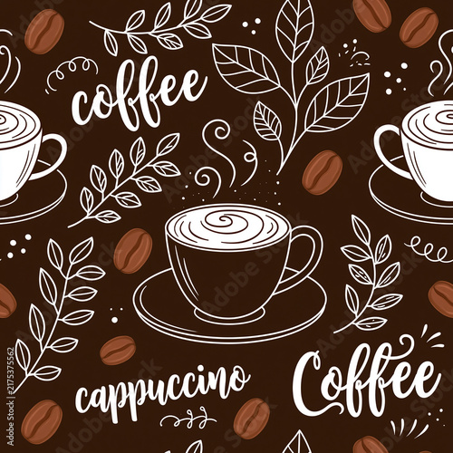 Seamless pattern with coffee beans and a cup