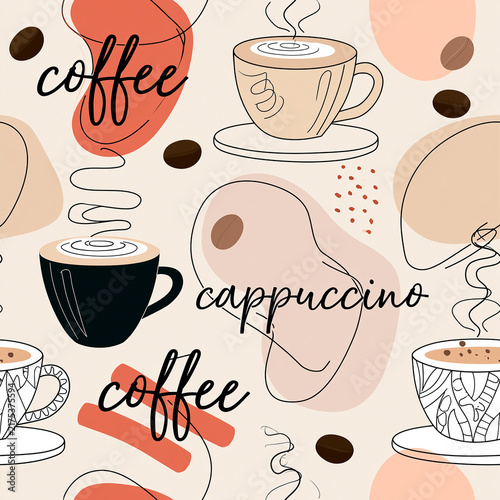 Seamless pattern with coffee beans and a cup