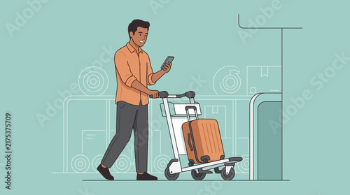 Man with luggage cart and phone at airport, travel concept