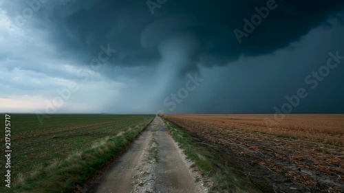 Tornado draws near, dark and fierce. Road splits fields, leading toward danger. Sky heavy with thunder, wind howling. Farmland lies silent, waiting for impact. Dramatic storm approaches