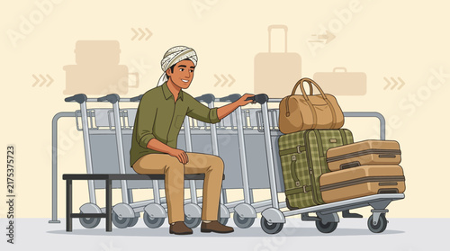 Man with luggage at airport, waiting with trolleys, travel concept