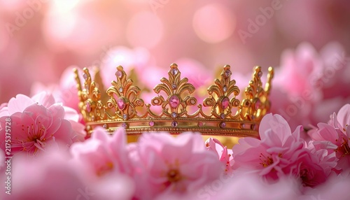 A golden crown surrounded by pink flowers, elegant royal fantasy concept