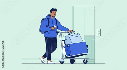 Man with Luggage Cart and Phone at Elevator