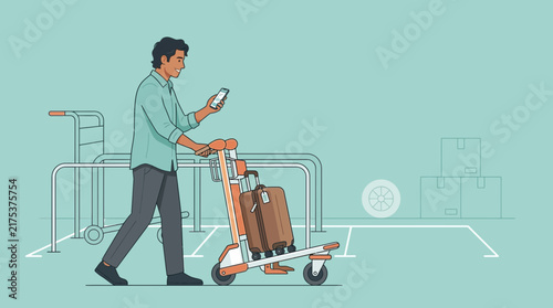Man with luggage cart and phone, airport travel, cut out