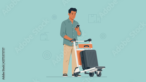 Man with luggage cart and phone, travel and logistics concept, transparent background