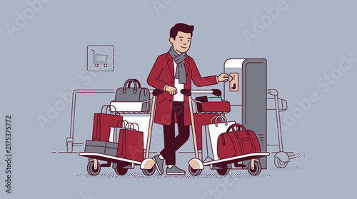 Man with Luggage Cart and Shopping Bags at Airport Terminal - Isolated