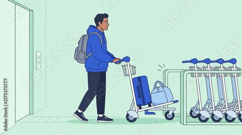 Man with Luggage Cart and Scooters at Airport Terminal Entrance
