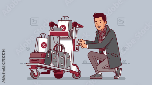 Man with Luggage Cart and Shopping Bags, Travel and Shopping Concept