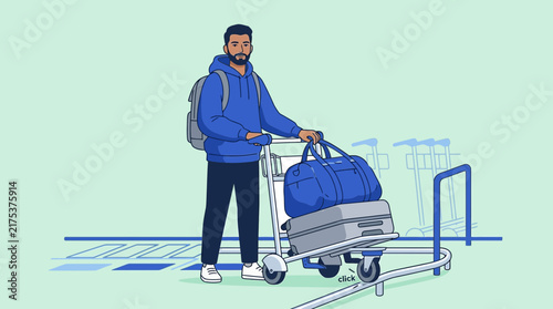 Man with Luggage Cart at Airport - Travel Illustration