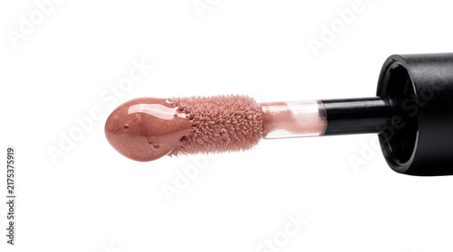 Nude liquid lipstick applicator with creamy gloss texture, professional makeup wand with beige lip tint, cosmetic beauty product isolated PNG with Transparent Background