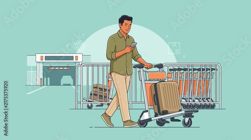 Man with Luggage Cart at Airport - Travel Illustration Isolated