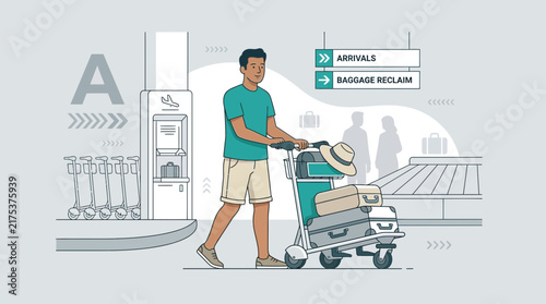 Man with Luggage Cart at Airport Arrivals - Travel Concept Illustration