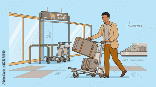 Man with Luggage Cart at Airport Arrivals Area, Travel Concept