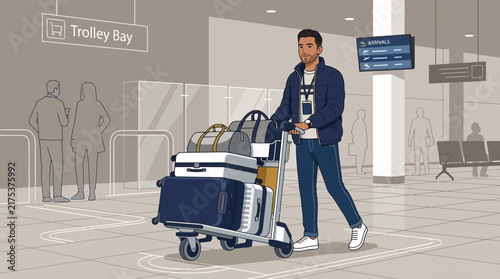 Man with Luggage Cart at Airport Arrivals, Travel Concept