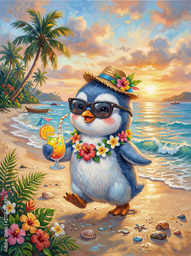A cute penguin relaxing by the sea, summer. AI generator, AI, image of a neural network. background for design.