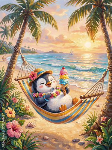 A cute penguin relaxing by the sea, summer. AI generator, AI, image of a neural network. background for design.