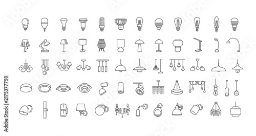 Lighting Icons Set Collection. Lamps, Chandeliers, Bulbs and Light Fixtures Outline Vector