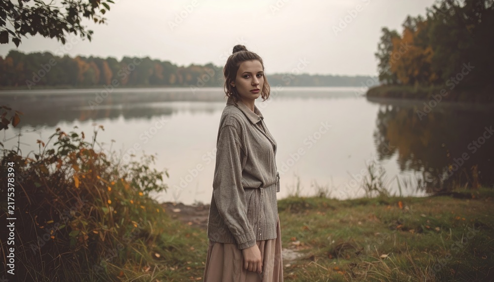Fototapeta premium Fashion woman standing in calm lake landscape, retro outfit, cinematic morning atmosphere, soft gloomy colors