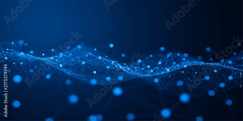Abstract dark blue technology background with glowing network particles, flowing data waves, luminous plexus lines and connected digital nodes.