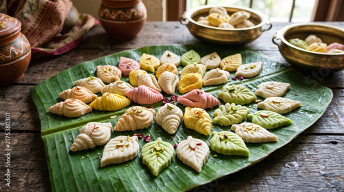 Traditional sandesh sweets shaped like shells and leaves arranged on a banana leaf platter