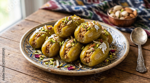 Traditional sweet potol sweet (parwal sweet) stuffed with mawa and dry fruits, high-resolution food portrait.