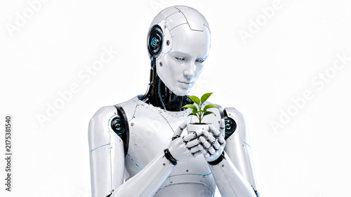 Humanoid Robot Holding Green Plant for AI Sustainability, Eco Technology and Future Innovation