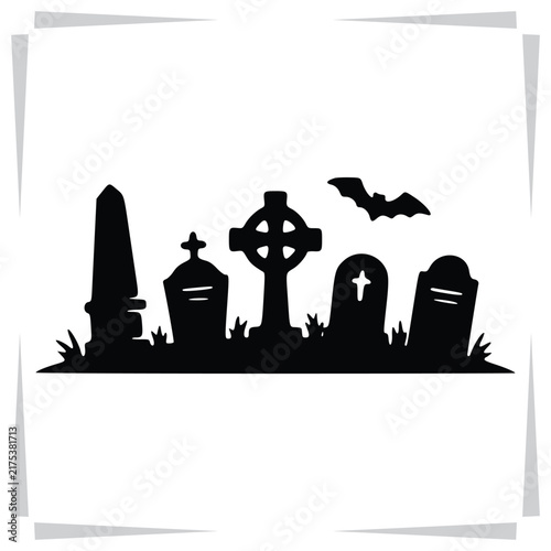 Halloween Cemetery Silhouette with Gravestones and Bat