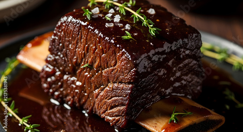 Close up view of a cooked beef short rib seasoned with herbs and salt